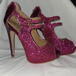 Shoe Dazzle Fuchsia Glitter Double-Strap Platform Heels
